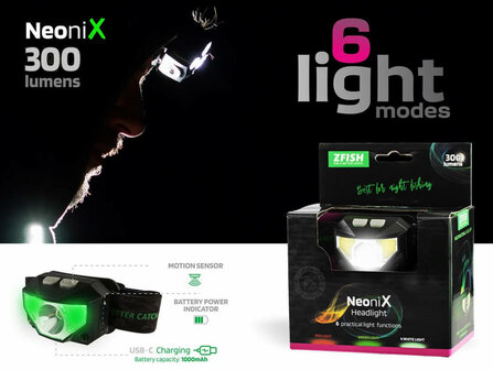 Z-Fish Oplaadbare Hoofdlamp Neonix 300 lumen + Opberghoes