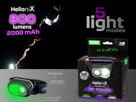 Oplaadbare Hoofdlamp Helionix UV 800 lumen Verpakking