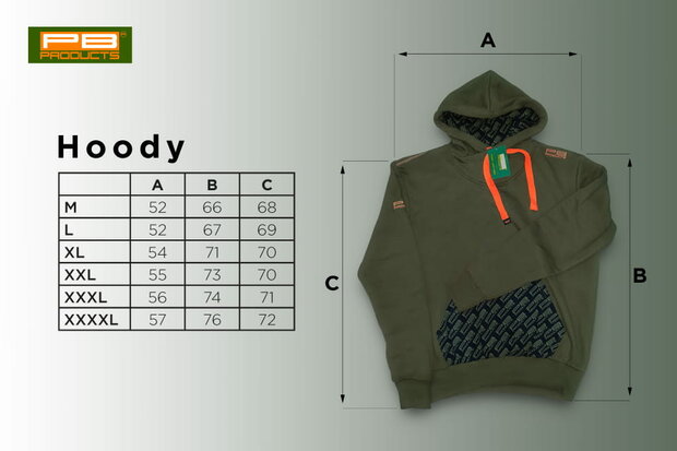 Karper Hoodie Donkergroen (PB Products) Maat tabel