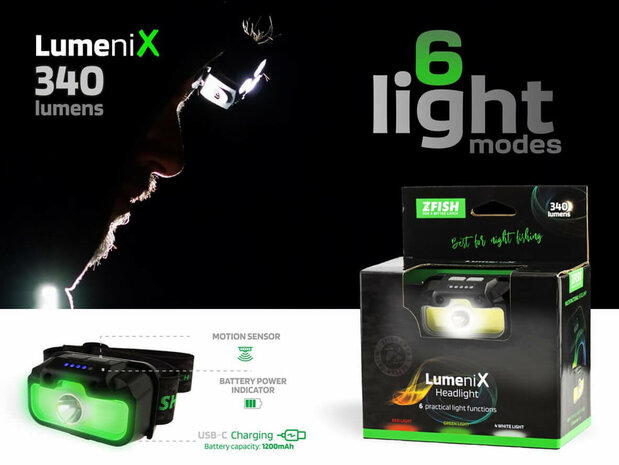 Z-Fish Oplaadbare Hoofdlamp Lumenix 340 lumen + Opberghoes
