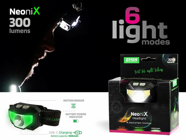 Z-Fish Oplaadbare Hoofdlamp Neonix 300 lumen + Opberghoes