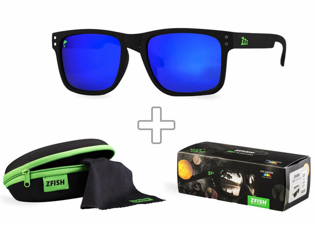 Gepolariseerde Zonnebril Solara Zwart / Blauw glas + Brillendoos + Schoonmaakdoekje