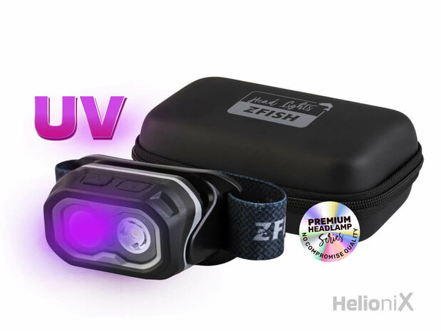 Oplaadbare Hoofdlamp Helionix UV 800 lumen + Opberghoes case